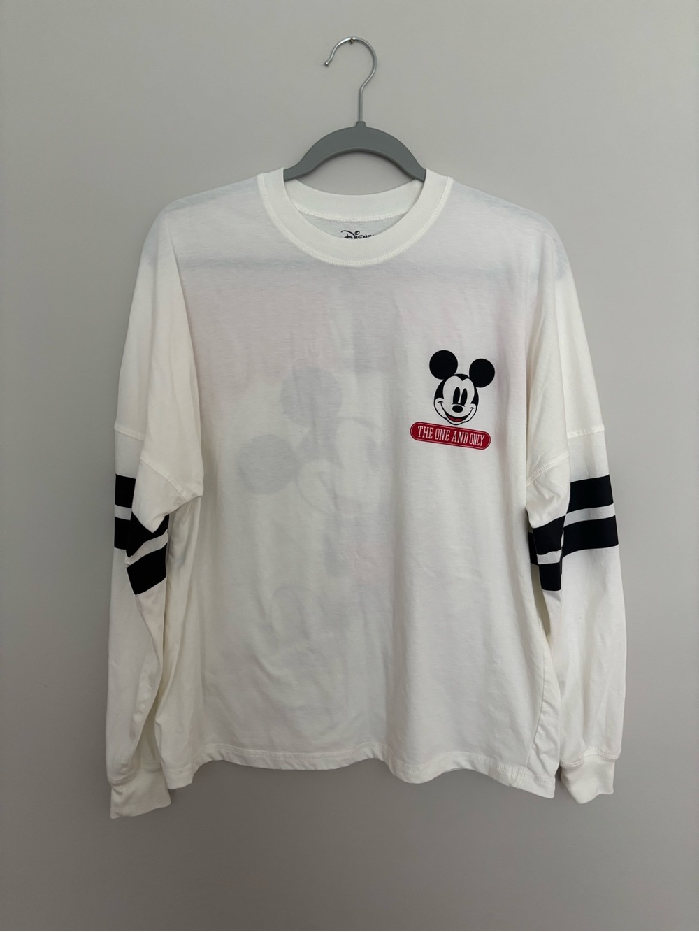 Disney White Long Sleeve Mickey Tee with Black Sleeve Stripes Womanโs Size Small